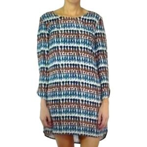 Marie Oliver Blue Brown Pink Novelty Print Long Sleeve Silk Dress‎ Size M